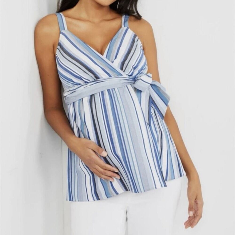 Motherhood, Maternity Blue Multi Striped Faux Wrap Tank Top, Women’s Medium